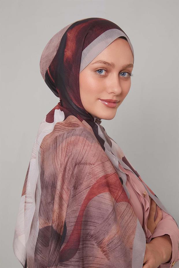 Gri - Bordo Çiçek Desen Sport Şal
