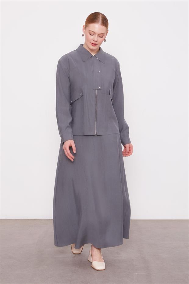 Gri Cep Detaylı Fermuarlı Etek Takım