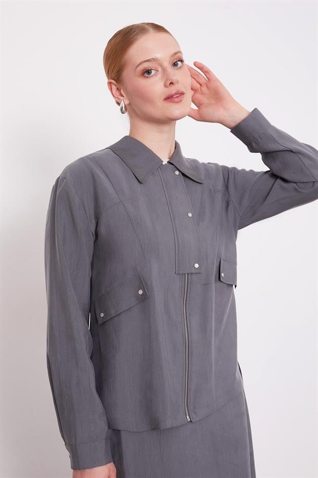 Gri Cep Detaylı Fermuarlı Etek Takım