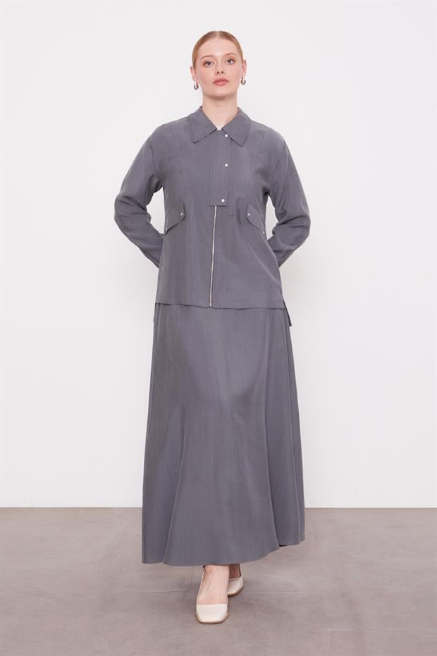 Gri Cep Detaylı Fermuarlı Etek Takım