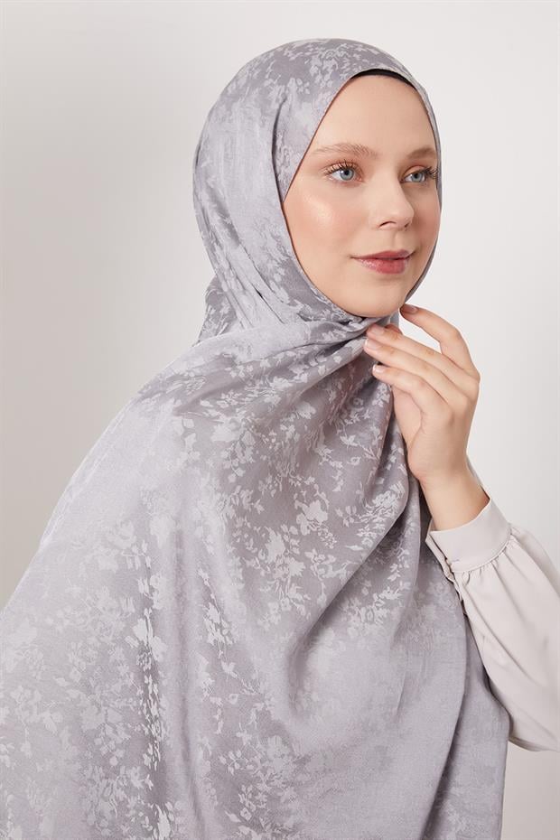 Gri Çiçek Desen İtalyan Jakar Şal