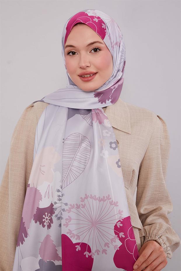 Gri Çiçek Desen Twill Şal