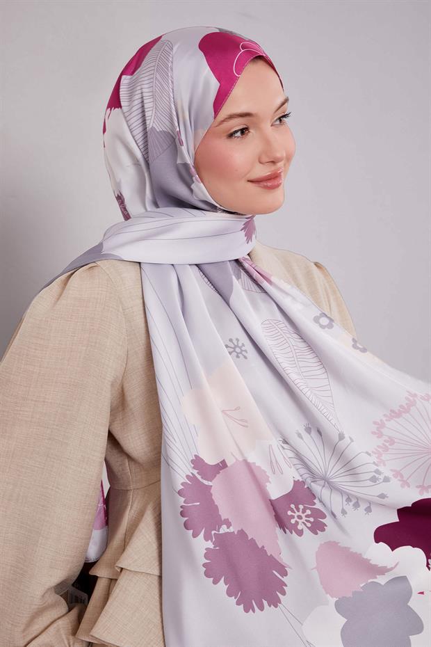 Gri Çiçek Desen Twill Şal