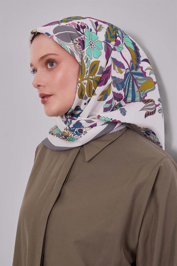 Gri Çiçek Yaprak Desen Aura Eşarp