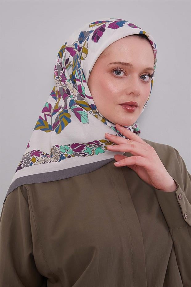 Gri Çiçek Yaprak Desen Aura Eşarp
