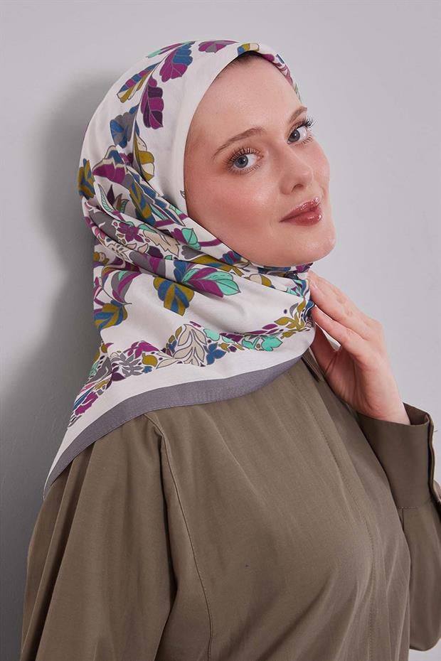 Gri Çiçek Yaprak Desen Aura Eşarp