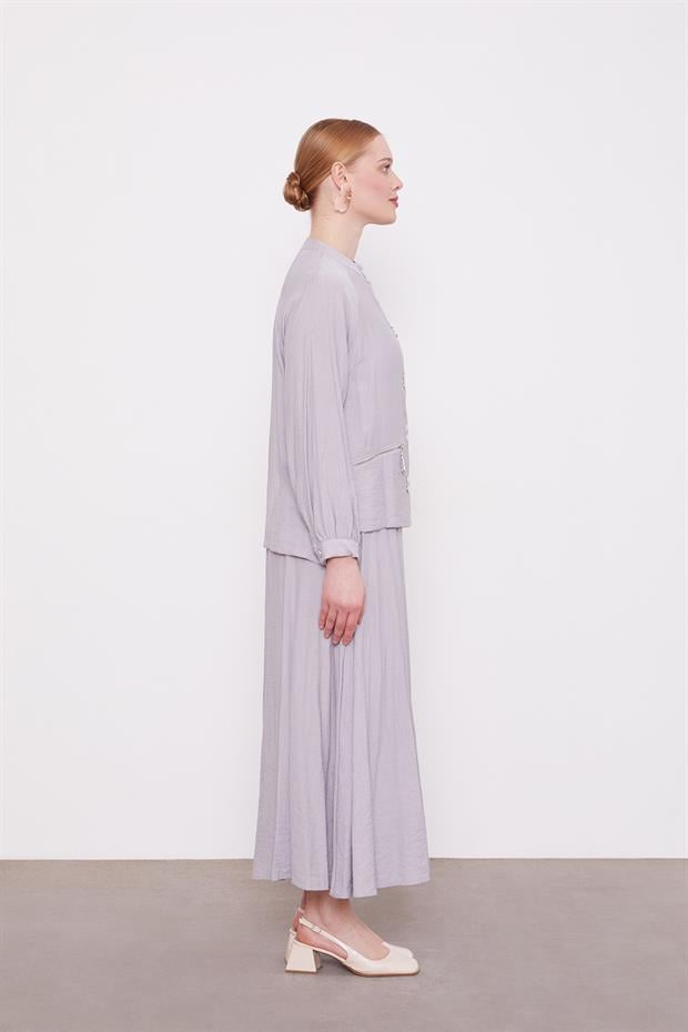 Gri Çift Düğme Detaylı Etekli Takım