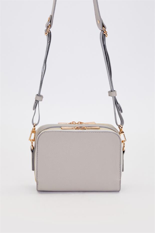 Gri Çift Fermuarlı Ayarlanabilir Omuz Çantası