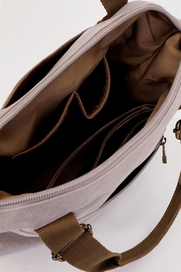 Gri Çift Fermuarlı Kumaş Askılı El Çantası