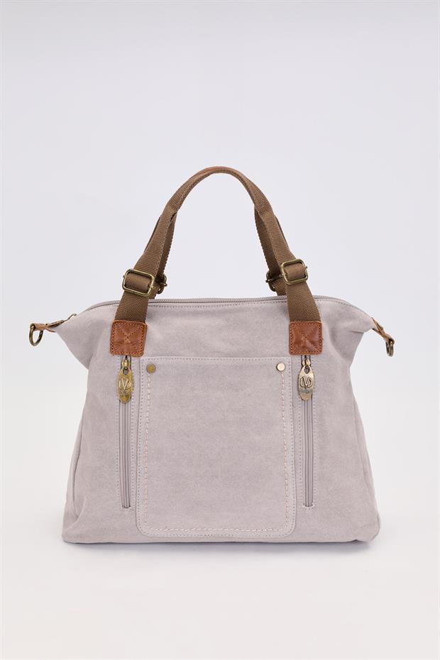 Gri Çift Fermuarlı Kumaş Askılı El Çantası