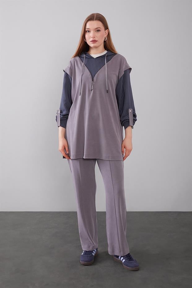 Gri Çizgi Detaylı Kapüşonlu İkili Takım