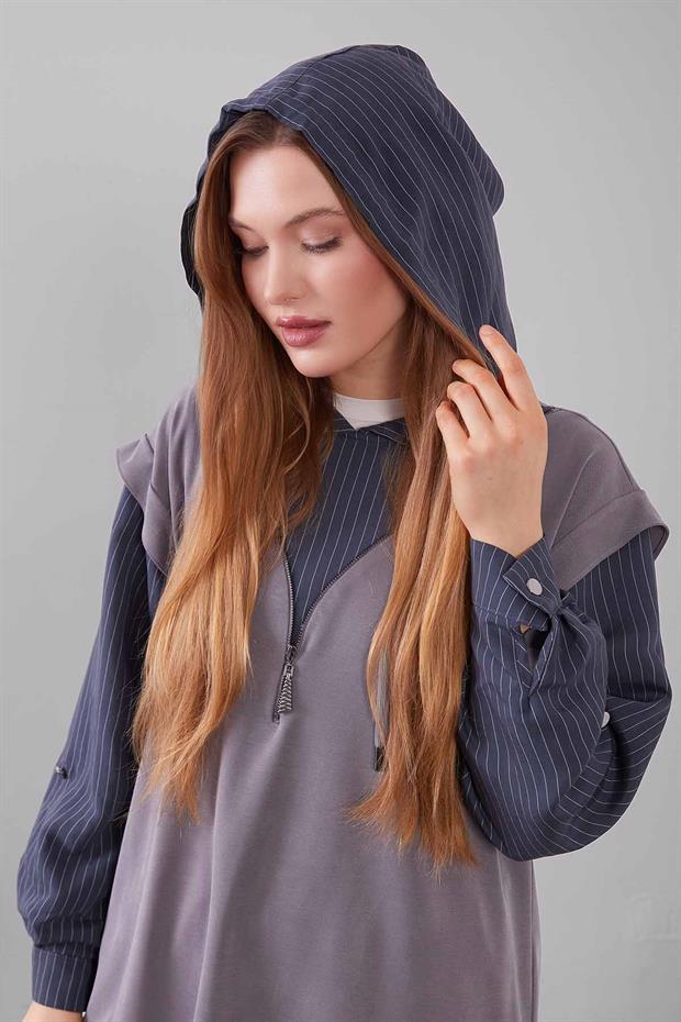 Gri Çizgi Detaylı Kapüşonlu İkili Takım