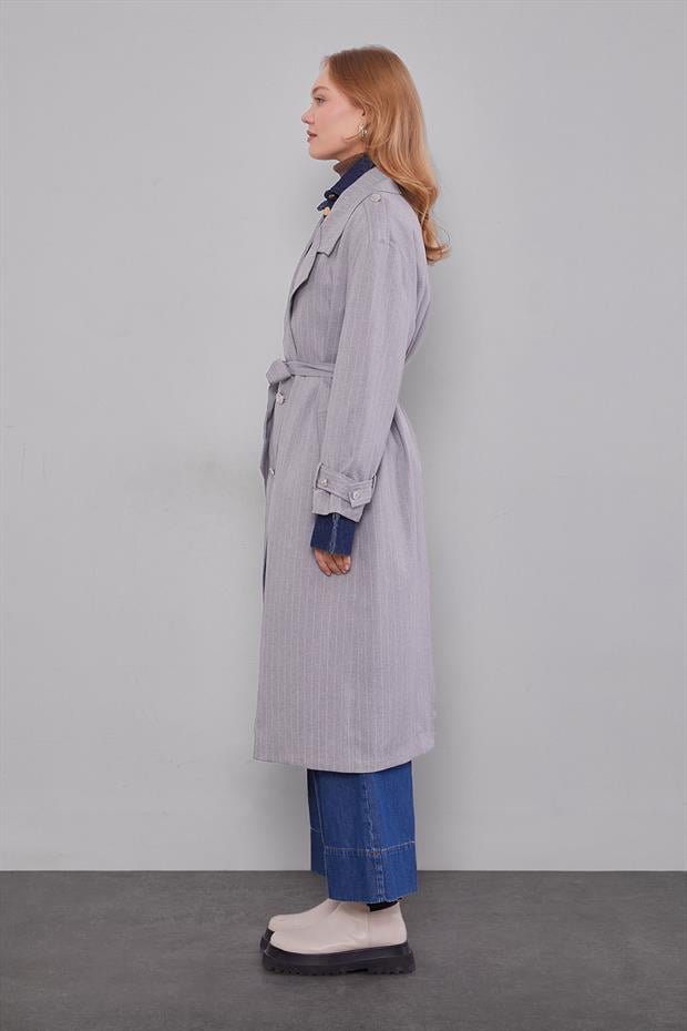 Gri Çizgili Desen Kuşak Kapamalı Trençkot