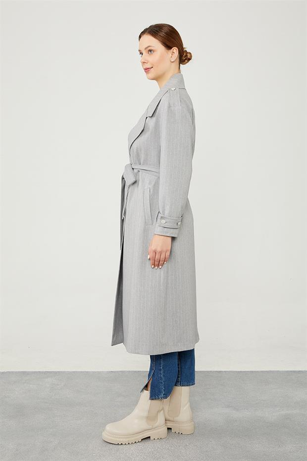 Gri Çizgili Desen Kuşak Kapamalı Trençkot