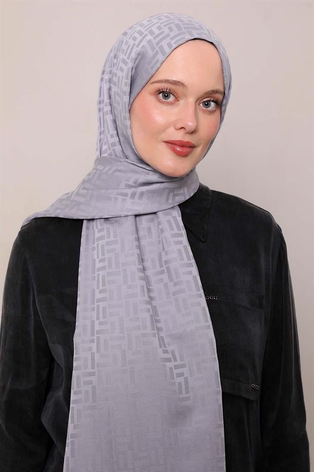 Gri Çubuk Desen Blue Jakarlı Şal