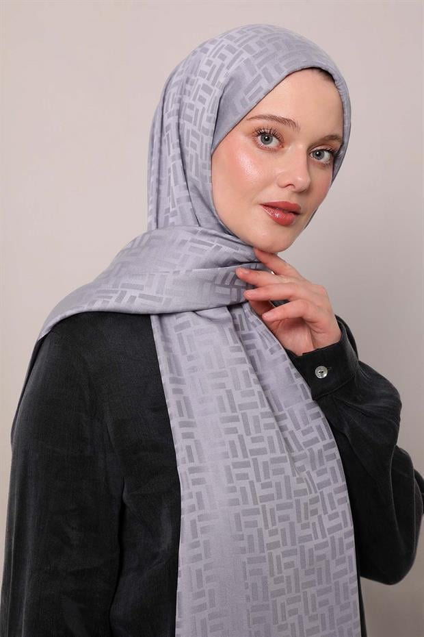 Gri Çubuk Desen Blue Jakarlı Şal