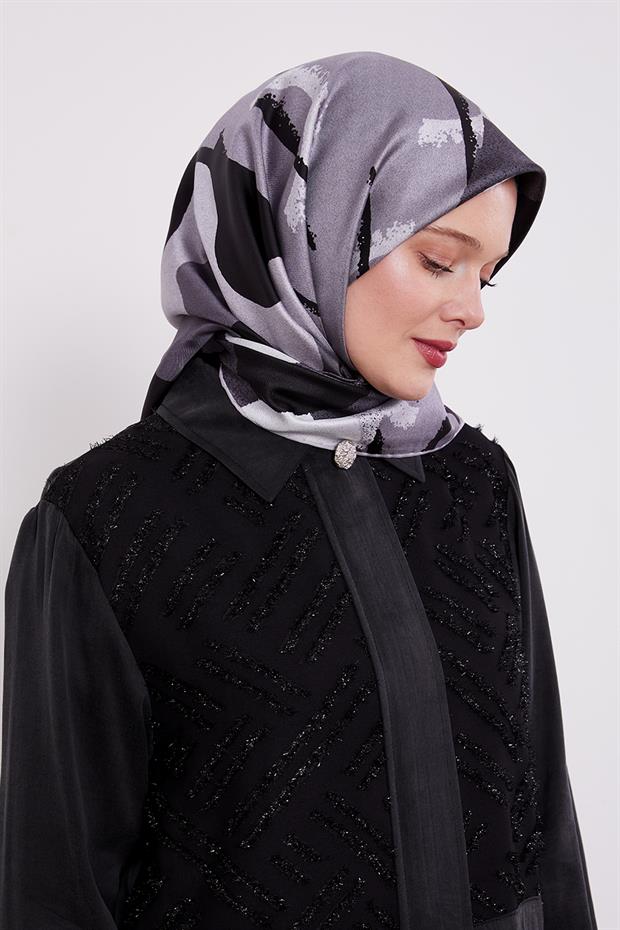Gri Yuvarlak Desen Twill İpek Eşarp