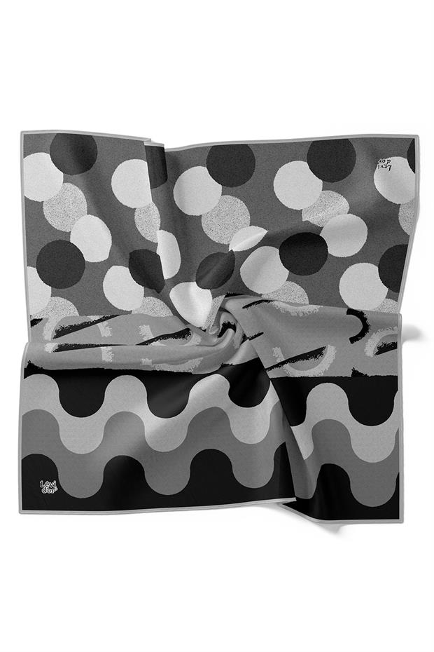 Gri Yuvarlak Desen Twill İpek Eşarp