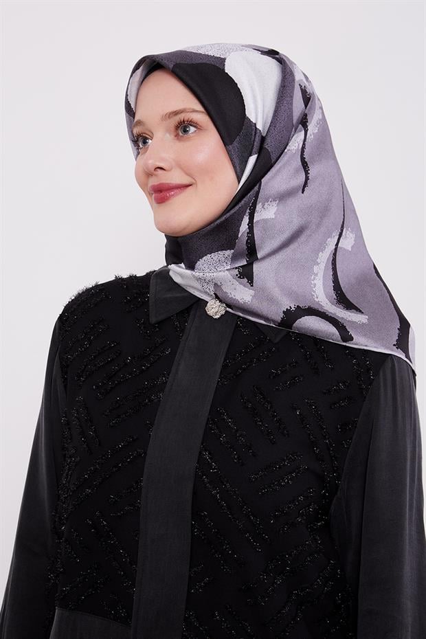 Gri Yuvarlak Desen Twill İpek Eşarp
