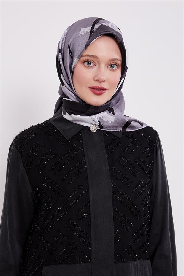 Gri Yuvarlak Desen Twill İpek Eşarp