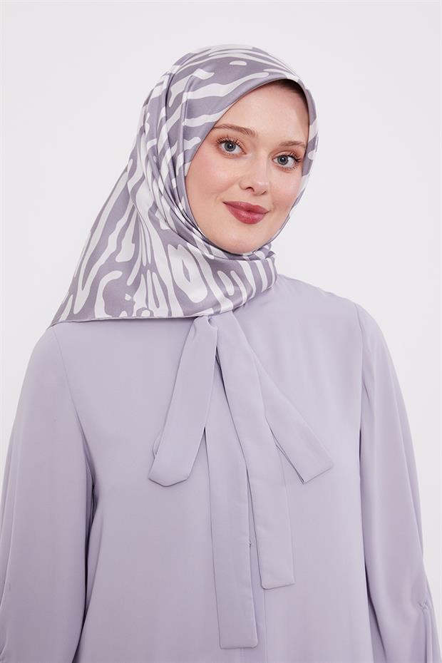 Gri Büyük Leopar Desen Twill İpek Eşarp