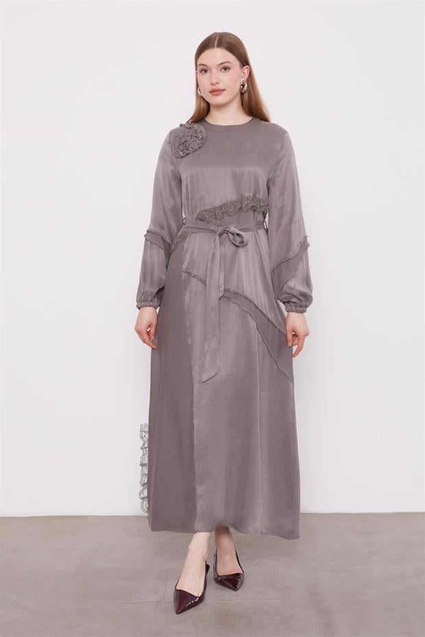 Gri Dantel Şeritli Cupra Elbise