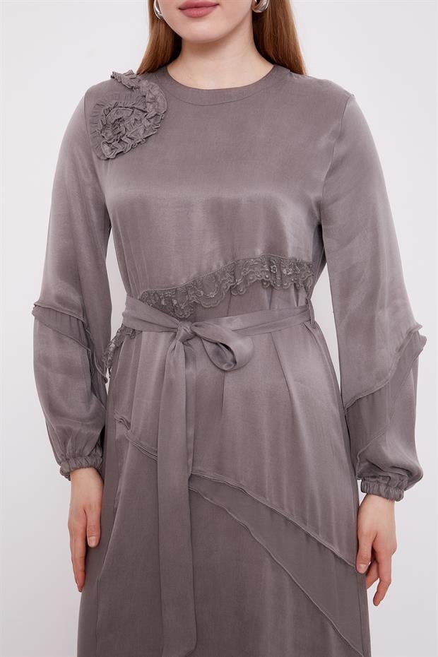 Gri Dantel Şeritli Cupra Elbise