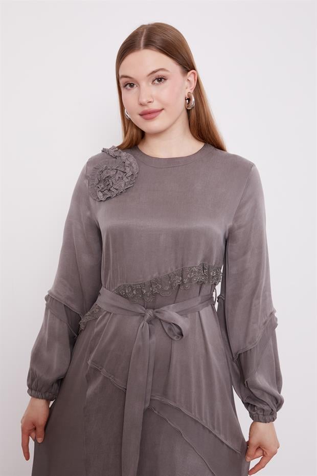 Gri Dantel Şeritli Cupra Elbise