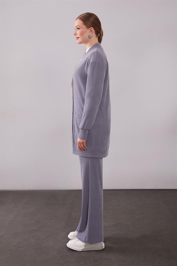 Gri Desenli Hırkalı Triko Takım