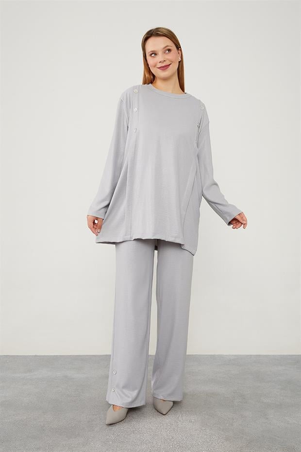 Gri Düğme Detaylı Bisiklet Yaka İkili Takım