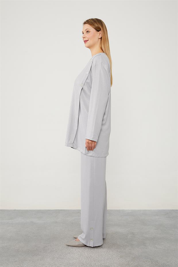 Gri Düğme Detaylı Bisiklet Yaka İkili Takım