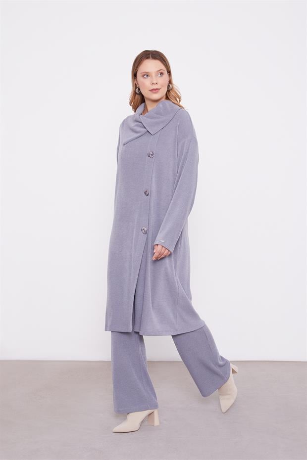 Gri Düğme Detaylı Pantolonlu Tunik Takım