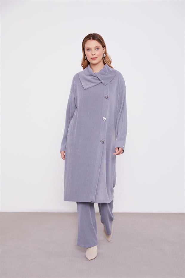 Gri Düğme Detaylı Pantolonlu Tunik Takım