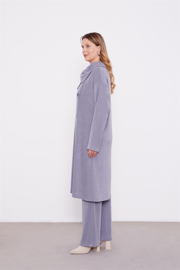 Gri Düğme Detaylı Pantolonlu Tunik Takım