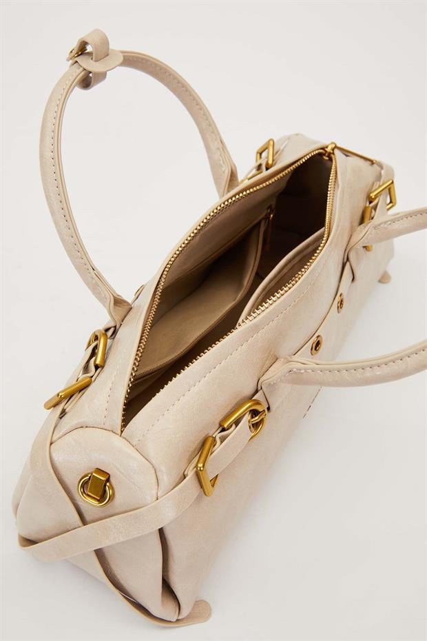 Gri Eskitme Aksesuarlı El Çantası