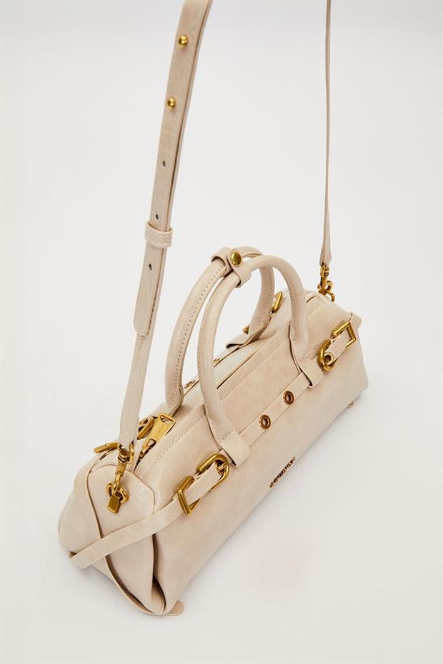 Gri Eskitme Aksesuarlı El Çantası