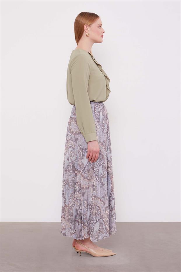 Gri Etnik Desen Piliseli Etek