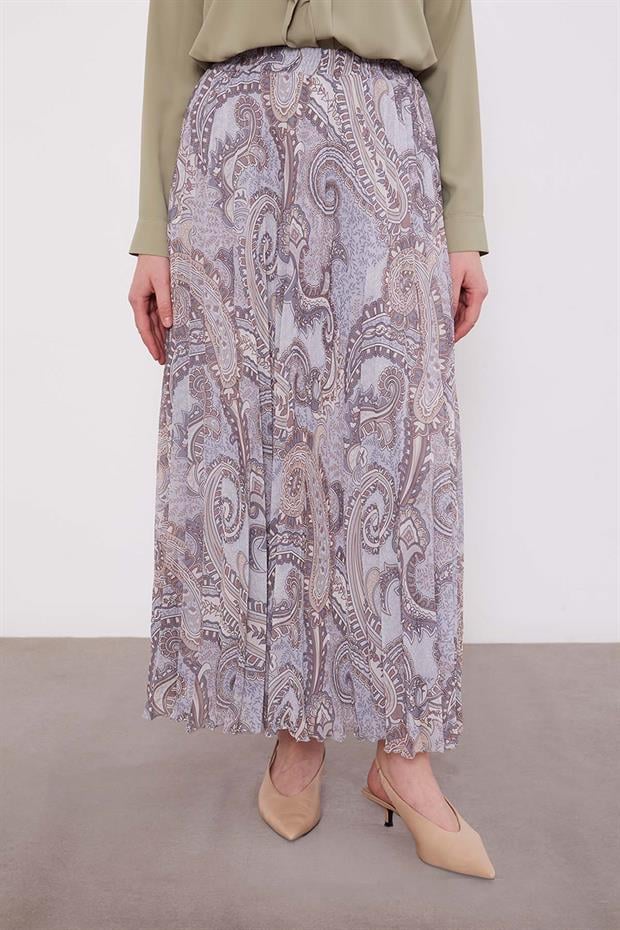 Gri Etnik Desen Piliseli Etek