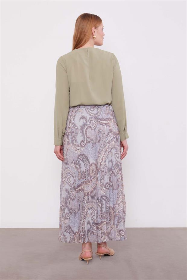 Gri Etnik Desen Piliseli Etek