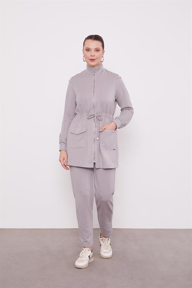 Gri Fermuar Kapamalı Vatka Detay İkili Takım