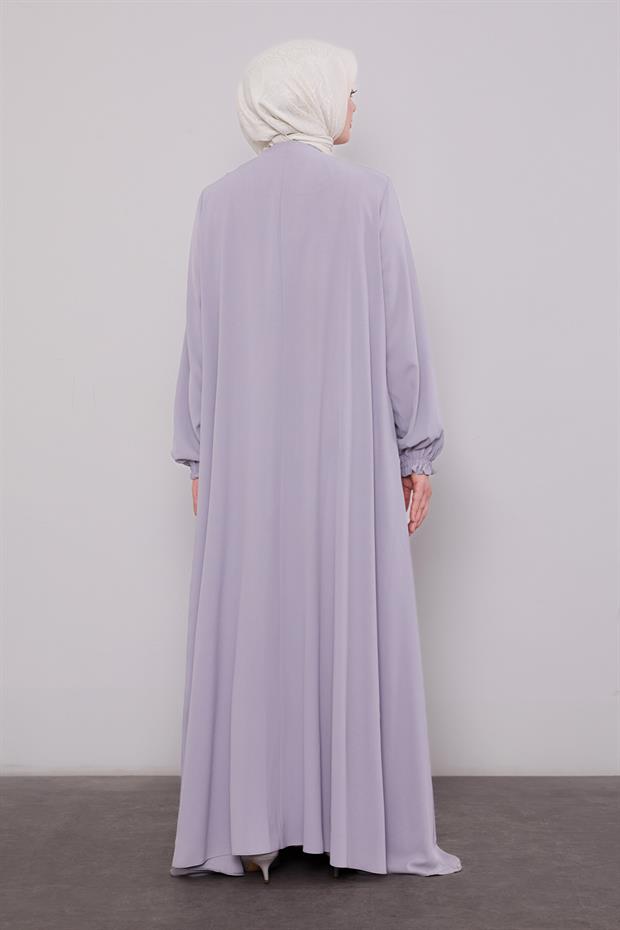 Gri Fermuarlı Kol Ucu Lastik Büzgülü Ferace