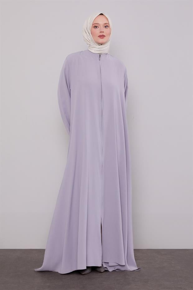 Gri Fermuarlı Kol Ucu Lastik Büzgülü Ferace