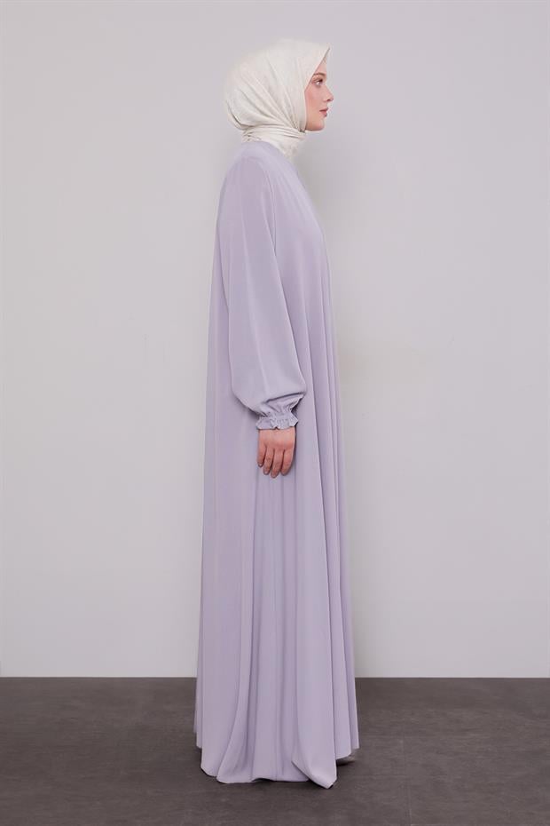 Gri Fermuarlı Kol Ucu Lastik Büzgülü Ferace