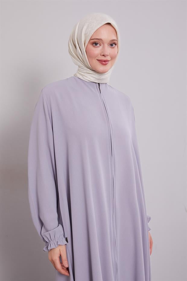 Gri Fermuarlı Kol Ucu Lastik Büzgülü Ferace