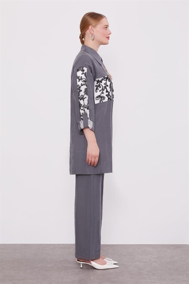 Gri File Cep Detaylı Üçlü Tunik Takım