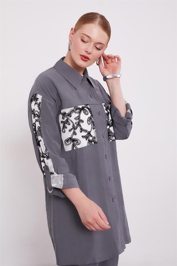 Gri File Cep Detaylı Üçlü Tunik Takım