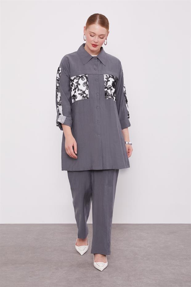 Gri File Cep Detaylı Üçlü Tunik Takım