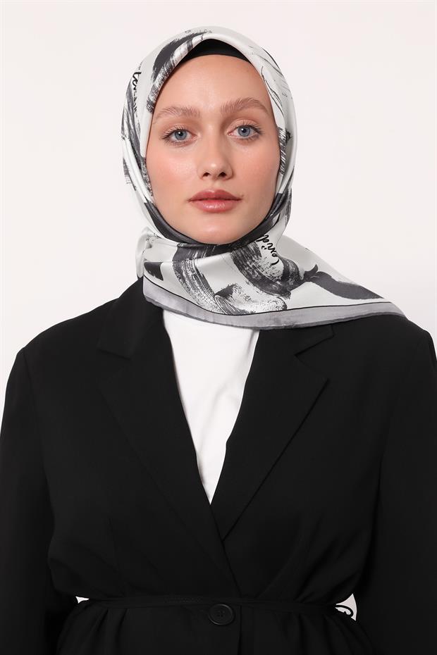 Gri Fırça İzi Desen Twill İpek Eşarp