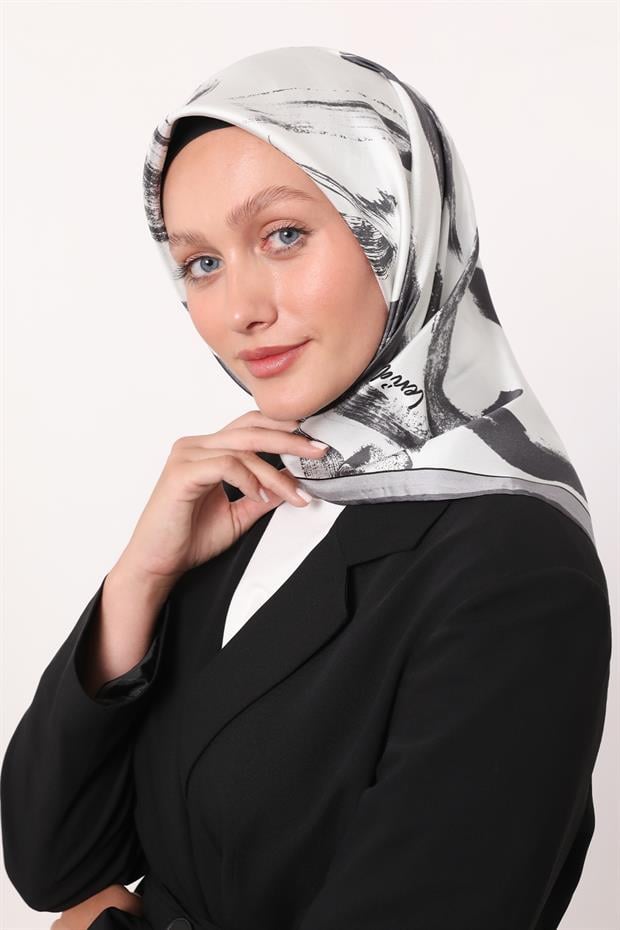 Gri Fırça İzi Desen Twill İpek Eşarp