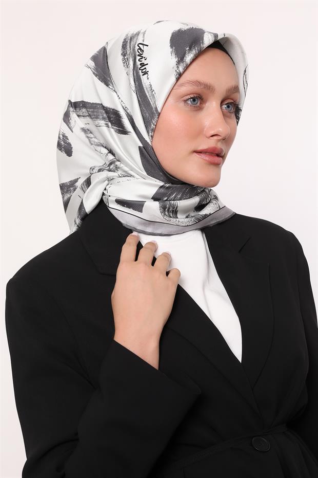 Gri Fırça İzi Desen Twill İpek Eşarp